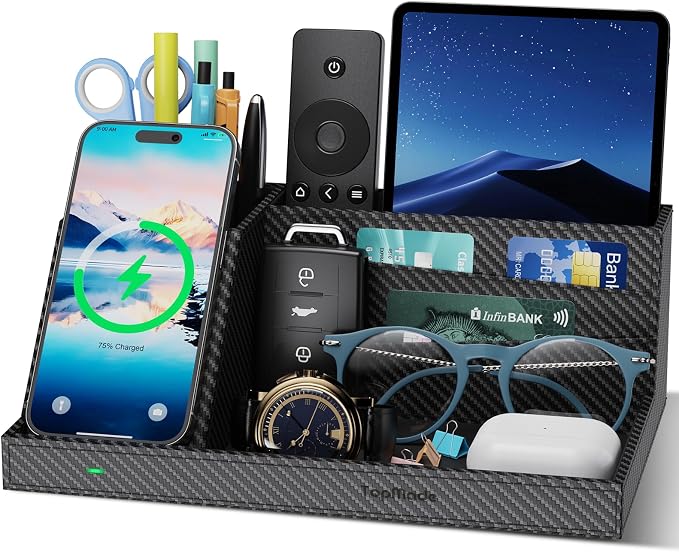 TopMade Wireless Charger Nightstand Organizer, Multi-functional Leather Home Office Supplies, Fast Charging Station for iPhone, Remote Control Pen Holder, Desktop Storage (Black Carbon Fiber)