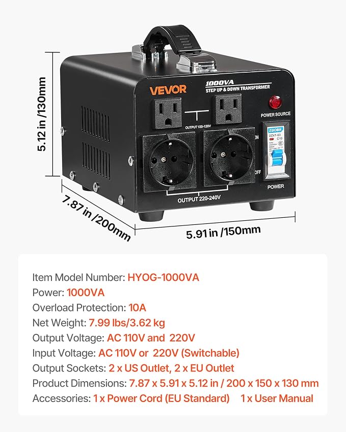 VEVOR Voltage Converter Transformer, 1000VA, Heavy Duty Step Up/Down Power Transformer, Convert from 110V to 220V and 220V to 110V, with EU & US Outlets, US Power Cord, Circuit Breaker Protection