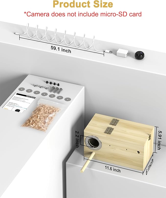 Parakeet Nesting Box,Bird House with Camera,Natural Bird Nest Box with 1080P Wi-Fi Camera, Visual Breeding Record for Pet Bird Budgies, Parrots, Finches, Canaries