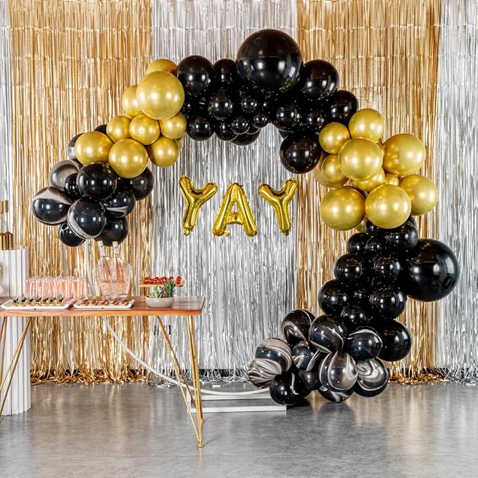 Restaurantware-Balloonify Balloon Garland Set, 1 Party Decoration Kit - 132 Balloons, With Chain, Black & Gold Latex Balloon Arch Kit, Includes Glue Dots