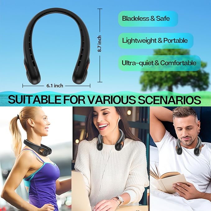 KIDEE Portable Neck Fan, 4000mAh Rechargeable, 360° Airflow, Hands Free Bladeless Wearable Fan, 2 Pack, Black