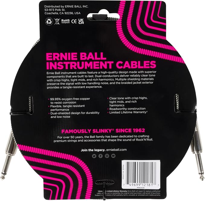 Ernie Ball Braided Instrument Cable Straight/Straight 10ft - Silver Fox (P06429)