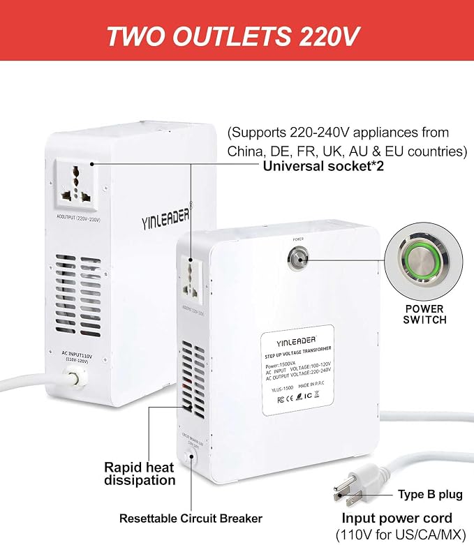 Yinleader 1500W 120V to 220V Voltage Converter Step Up Transformer 110V/120V to 220V/240V for Europe Asia Appliances Used in US(White)