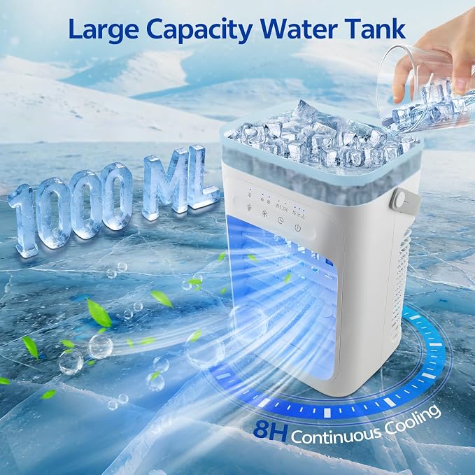 Portable Air Conditioners,Portable AC Unit with 3 Speed 2 Mist Modes Rapid Cooling,Mini Air Conditioner with 1000ML Water Tank 2/4H Timer LED Lights,Cooling AC Fan for Bedroom Office Camping Car RV