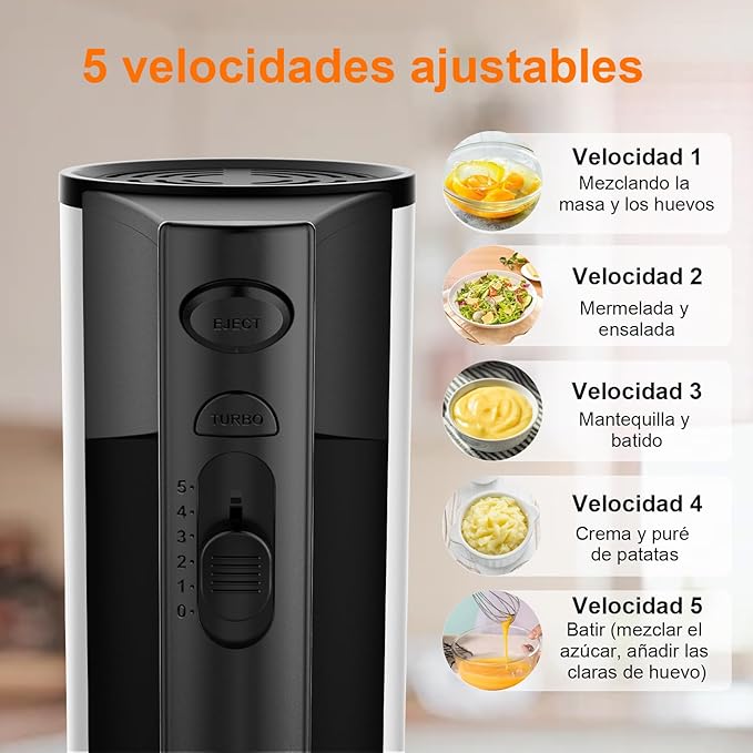 Electric Hand Mixer, Kitchen Handheld Mixer, Turbo Boost/Self-Control Speed + 5 Speed + Eject Button + Stainless Steel Hand Beaters*2 & Dough Hooks*2, Kitchen Mixer for Cream/Cookies/Dough