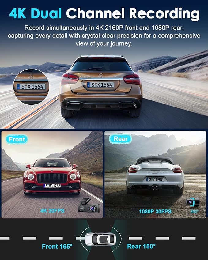 ORSKEY 4K Dash Cam Front and Rear, Free 64GB Card, STARVIS 2 Sensor, 5.8GHz WiFi Dash Camera for Cars, 2160P+1080P Dual Car Camera with GPS, 3" IPS, 24H Parking Mode, WDR, Support 512GB Max