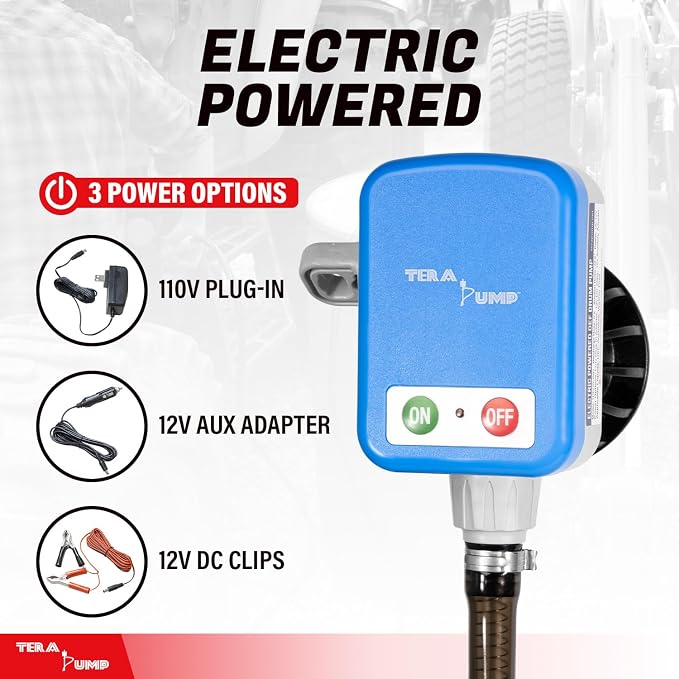 TERA PUMP Electric Powered 55 Gallon Drum Barrel Pump, 2.4GPM | Quick Stop Flow Control Nozzle, 9.8-ft XL Heavy-Duty Vinyl Hose, 39" Flexible Intake Hose, For DEF, Antifreeze, Washer Fluid