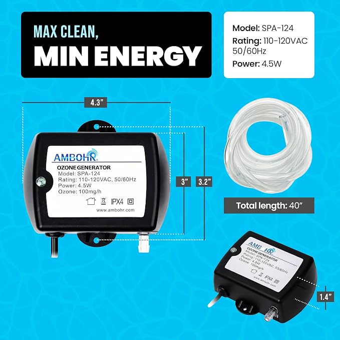 Cold Plunge Ozone Generator Bundle, Ambohr SPA-124 Ozone Generator & Ozone Barbed Venturi Injector for Cold Plunge, Ice Bath and Hot Tubs