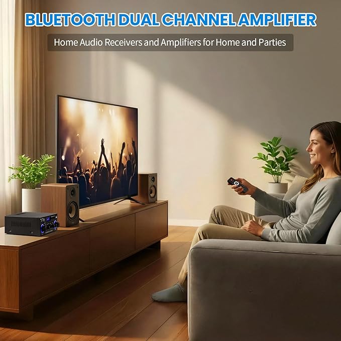 Amp10 Amplifier Home Audio,400W Power Amplifier 2 Channel Stereo Receiver with Bluetooth 5.0,Active Subwoofer Output, FM Radio, USB/SD/AUX, MIC, Remote Control for Home Theater