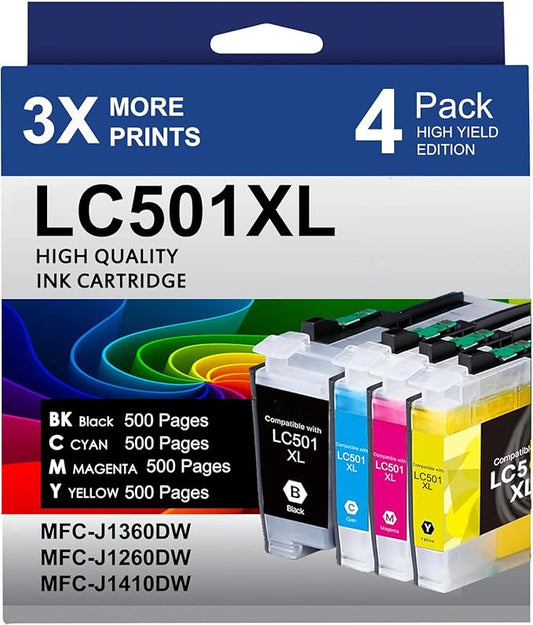 LC501XL Ink Cartridges for Brother Printer Compatible for Brother LC501XL LC501 Ink Cartridges with MFC-J1360DW MFC-J1260W MFC-J1410DW Printer (Black Cyan Magenta Yellow, 4 Pack)