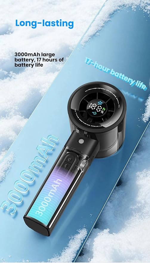 Portable Handheld Misting Fan with 100 Speeds, 3000mAh Rechargeable Battery (17H), Smart LED Display & Flashlight, Personal Mini Cooling Fan for Travel, Disney, Concerts, Makeup (BLACK)