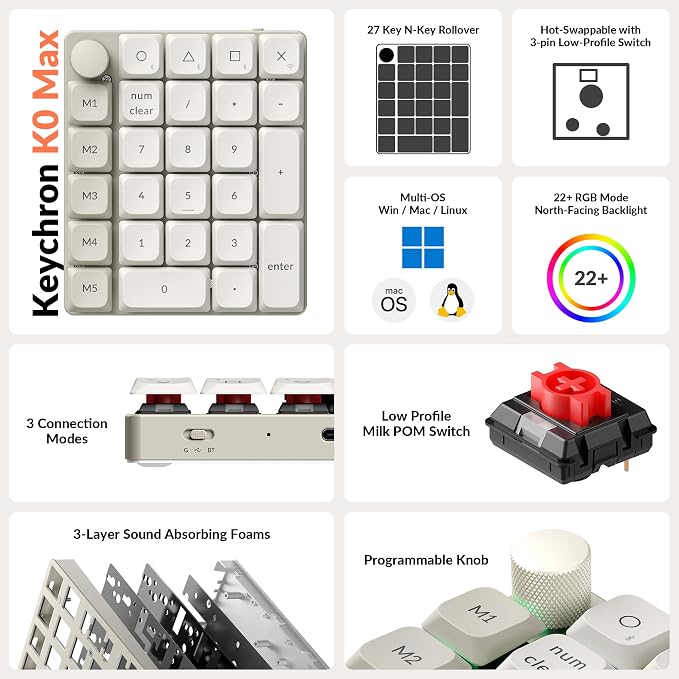 Keychron K0 Max QMK Wireless Custom Number Low-Profile RGB Backlit (Hot-Swappable) Red Switch Keypad, 2.4 GHz & Bluetooth 5.3 Connection, 1000Hz Polling Rate - Retro Version
