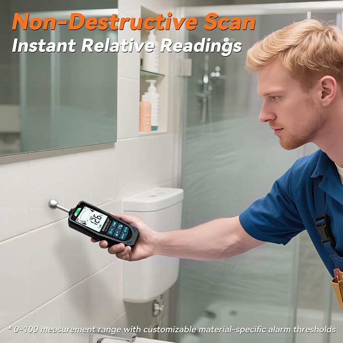 RDINSCOS 2-in-1 Pin & Pinless Moisture Meter | Digital Moisture Detector, For Wood, Drywall & Building Materials, Adjustable Alarm Threshold,3-Color Indicator
