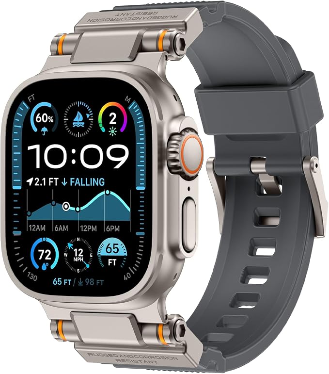 FOAMUNOC Rugged Band Compatible with Apple Watch Ultra 3/2/1 Band 49mm/46mm/45mm/44mm/42mm, Metal Connector with Strap for iWatch Ultra Series 11/10/9/8/7/6/SE3/SE2/SE/5/4/3/2/1, Gray/Titanium