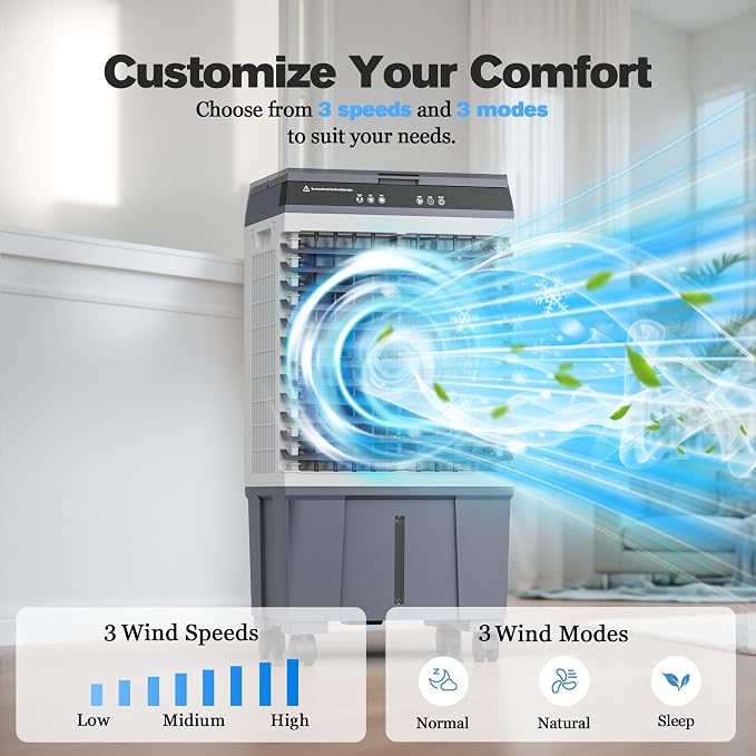 Swamp Cooler Air Conditioner, Portable Evaporative Cooler 5 Gal Water Tank | 1700 CFM, 120° Oscillation, 3 Speeds&Modes,12H Timer, Remote&Touch, for Garage, Large Room, Dry Climate