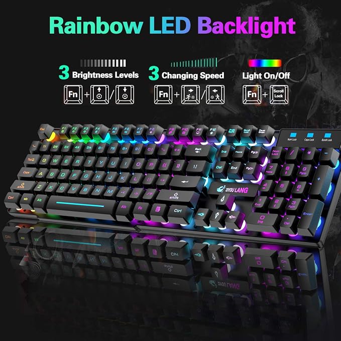 Wireless Gaming Keyboard and Mouse Combo Rechargeable 4000mAh Battery Rainbow Backlit Quiet Ergonomic Mechanical Feeling Anti-Ghosting 2400 DPI Mouse and Mousepad 3 in 1 Set for PC Laptop Mac
