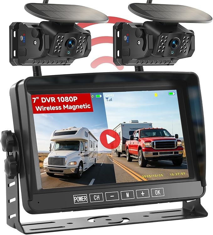 Dual Wireless Magnetic Backup Camera with 7” 1080P HD 4CH Monitor | Solar 15000mAh Rechargeable Night Vision Rear Camera, DVR Loop Recording Waterproof No Delay for Truck RV Camper Trailer Boat