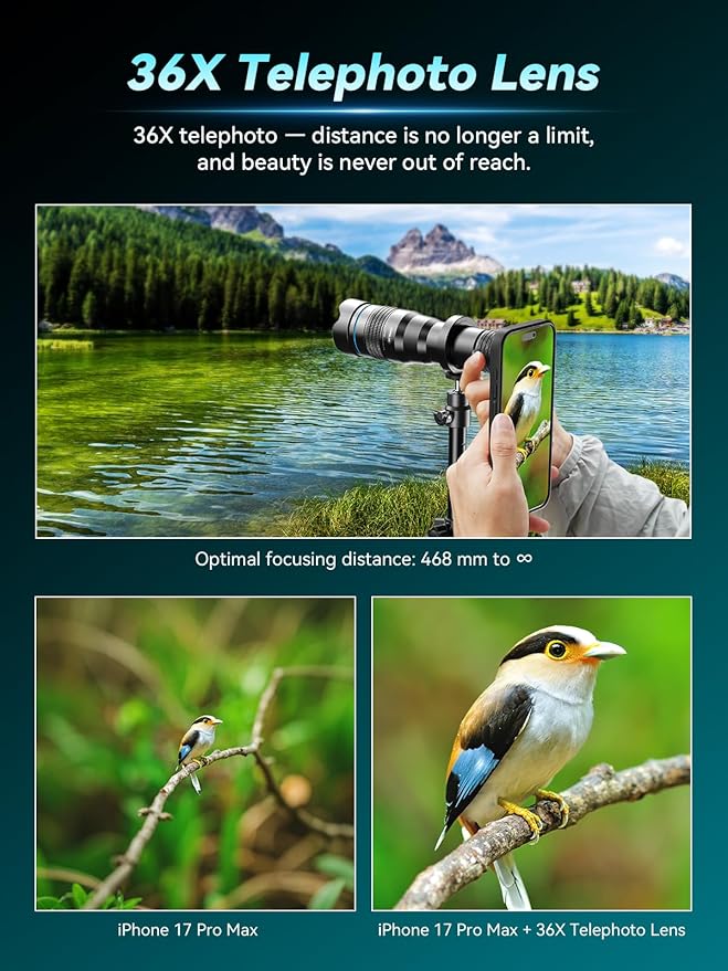 APEXEL 36x Telephoto Lens Compatible with iPhone 17 Pro Max | Photography for Travel, Birdwatching, Exploration | Kit with Sturdy Metal Tripod and Threaded Phone Case