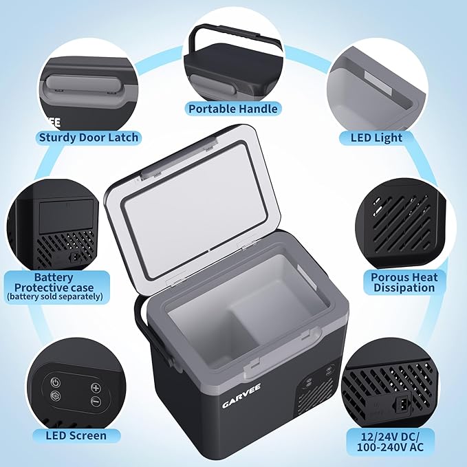 12 Volt Refrigerator, 19QT 12V Car Fridge, Portable Freezer Compressor Electric Cooler, 12/24V DC 110-240V AC, Portable Refrigerator for RV/Truck/Camping, -4°F to 68°F Internal Battery (Not Included)