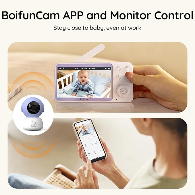 BOIFUN 2K Split Baby Monitor with 2 Cameras,Smartphone App, Wi-Fi Cameras,5-inch Display, Motion Tracking, Encrypted Connection, Night Vision, Long-Range 2-Way Talk, Temp Sensor
