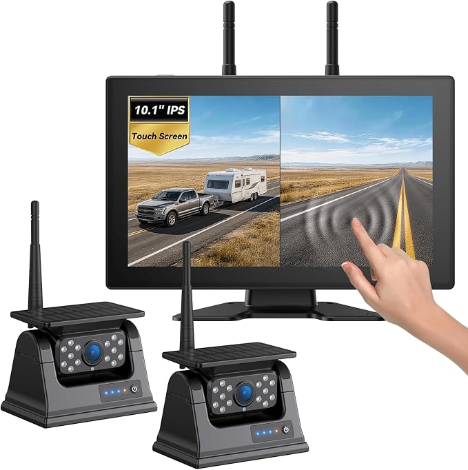 10.1" Dual Magnetic Solar Wireless Backup Camera, Touch DVR Monitor | 15000mAh Rechargeable Battery, 4-Channel Expandable System, Type-C Fast Charging, RV Trailer Camper Fifth Wheel Compatible