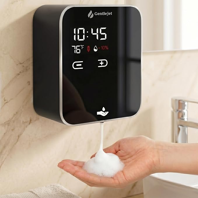 GentleJet AuraJet Automatic Foaming Soap Dispenser Wall Mount – Touchless Sensor, LED Display, 5 Foam Levels, Rechargable USB-C or Battery Powered, Aluminum Alloy, 480 ml Refillable