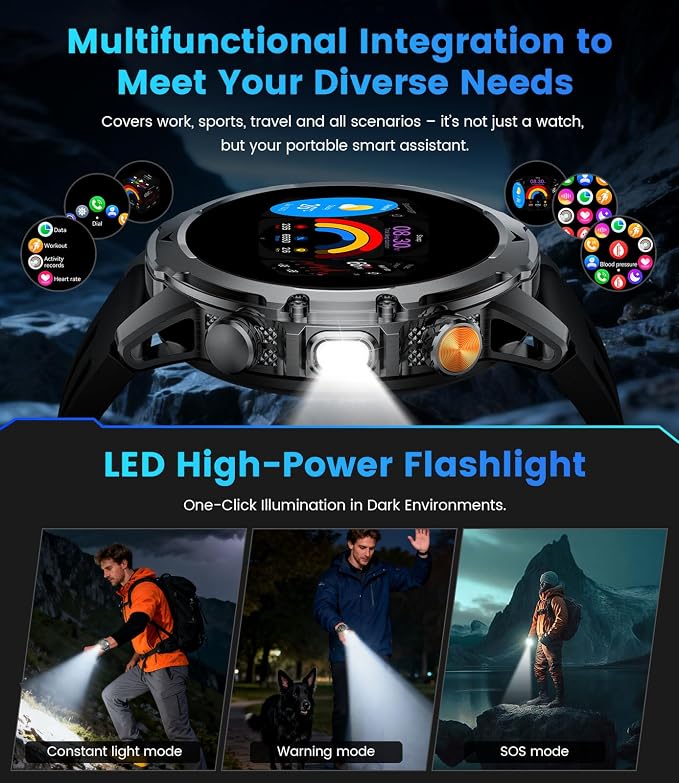 FITFLEX Military Smart Watch with Answer/Make Call （3 Silicone Strap）, 1.53“ HD Smart Watches for Men with 1000 mAh Battery/LED Torch/20+Sports/Waterproof IP68, Fitness Tracker iOS Android(Black)