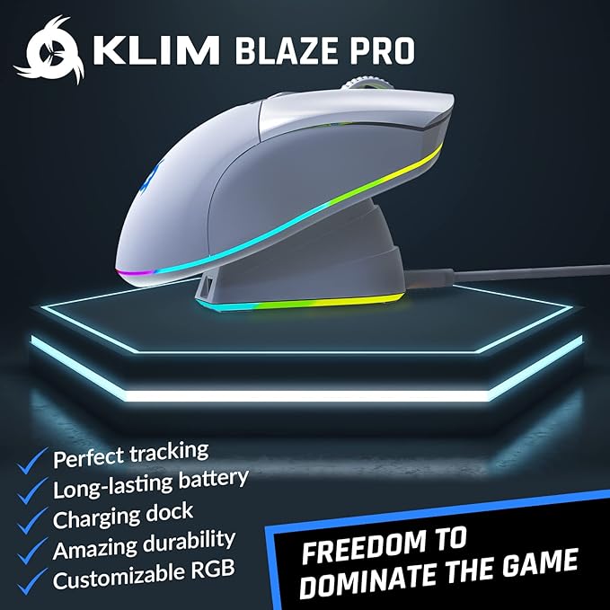 KLIM Blaze Pro Rechargeable Wireless Gaming Mouse with Charging Dock RGB - New Version - High-Precision Sensor and Long-Lasting Battery - Up to 6000 DPI - Great PC Gaming Mouse Wireless - White