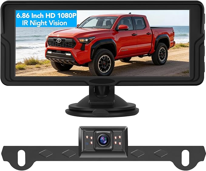 6.86 Inch Wired Backup Camera System with Monitor, 1080P HD Rearview Camera for Trucks Cars SUVs, IP69K Waterproof Reverse Cam, Enhanced Super Night Vision & 2-Channel Split Screen, Dual Bracket Mount