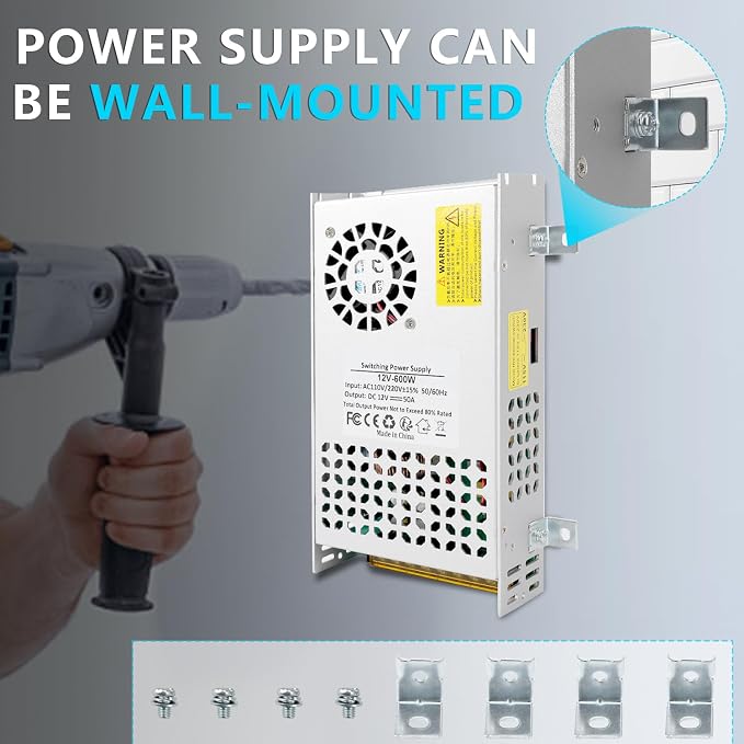 12V 50A 600W Power Supply Transformer, 110V AC to DC 12v Converter Adapter 50A 600W SMPS, DC Power Supply for LED Strip Motor Pump CCTV Camera System Radio Car Stereo 3D Printer