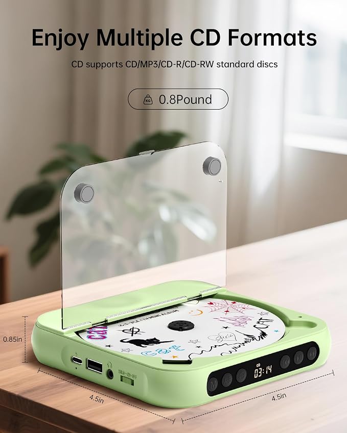 ENVYCLOUD CD Player Portable with Dual Stereo Speakers, Rechargeable Portable Player with Bluetooth for Home with Headphones, Support CD/AUX/USB,Green