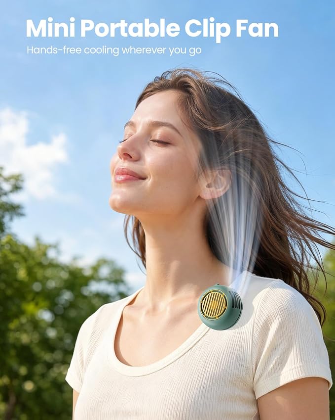 UNIWA Clip On Fan, Portable Silent Mini Bladeless Fan for Shirt/Waist, 5 Speed Adjustable&LED Display, Spin 360° Fan, Hands-Free, Small Wearable Fan for Outdoor Travel, Office, Gift Women/Mom Teal
