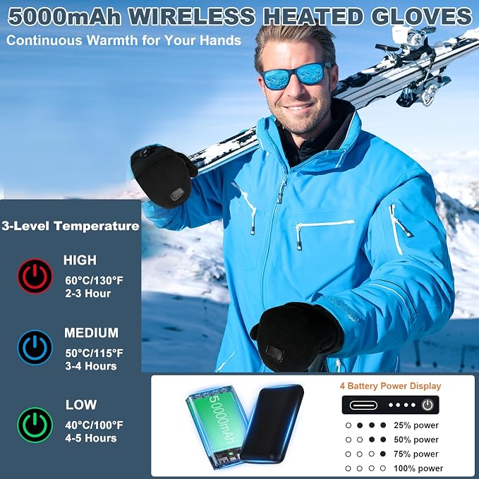Heated Gloves for Men Women, Rechargeable Full & Half Hands Electric Fingerless Heated Mittens, 5000mAh Rechargeable Battery, Winter Hand Warmer Warming Gloves for Work Cycling Skiing (Medium)