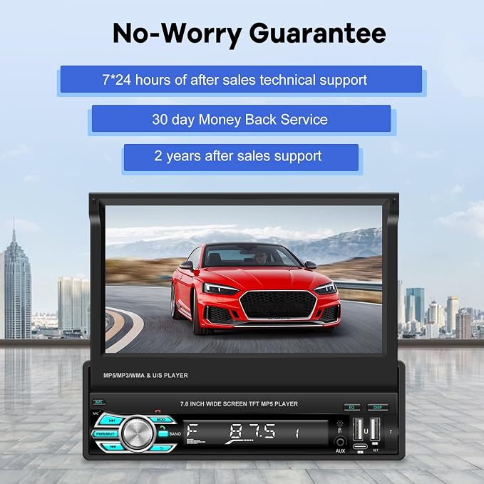 Single Din Flip Out Screen Car Stereo with Wireless Carplay and Android Auto, 7 inch 1 Din Touch Screen Radio Support Bluetooth/SWC/USB/FM + Backup Camera + Mic + Remote Control