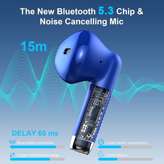 Wireless Earbuds, Bluetooth 5.4 Earbuds Stereo Bass, Bluetooth Headphones in Ear Noise Cancelling Mic, Earphones IP7 Waterproof Sports, 32H Playtime USB C Charging Case Blue Ear Buds for Android iOS