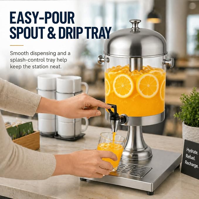 2.2 Gallon Drink Dispenser with Ice Core and Stand | Beverage dispenser with ice core, stand, and drip tray for cold drinks, juice, lemonade, iced tea, beer, and parties.