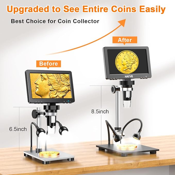7'' HDMI Digital Microscope,1200X Coin Microscope with IPS Screen, 16MP Soldering Microscope with Lights, 8.5'' Long Stand, View Entire Coin, Compatible with PC/TV, 32GB Card