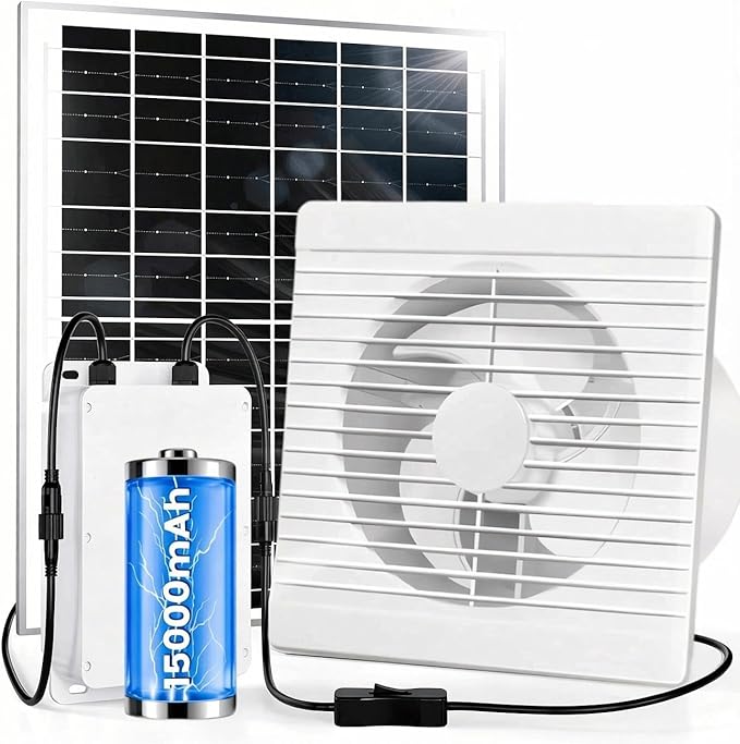 25W Solar Fan for Chicken Coop with 24000mAh Battery | 8" Solar Powered Exhaust Fan, Usable At Night, Quiet Waterproof High Airflow, for Outdoor,Greenhouse,Sheds,Pet Houses