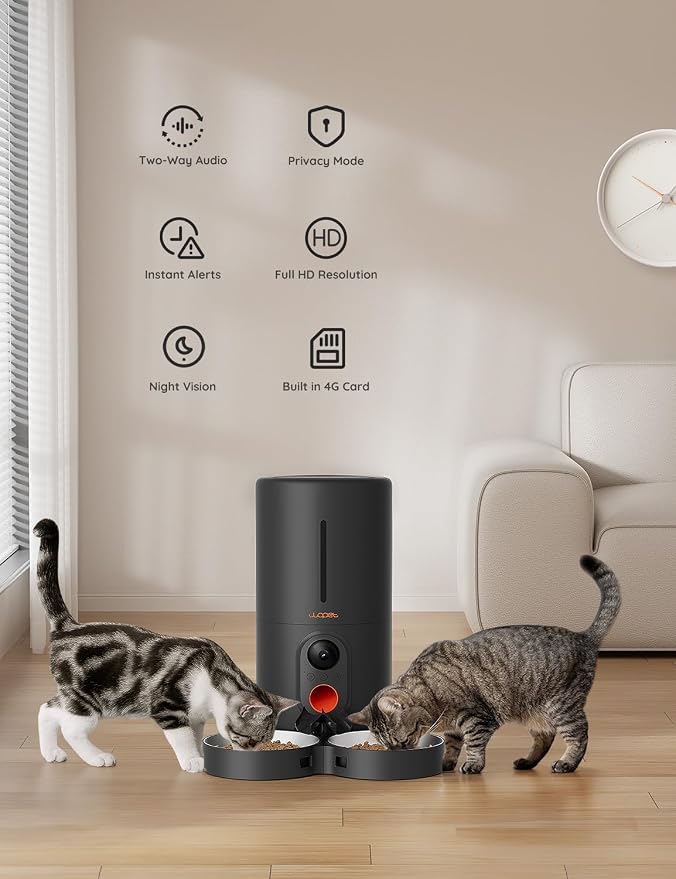 WOPET Automatic Cat Feeder with Camera for Two Cats, 1080p HD Automatic Dog Feeder, 5G WiFi Pet Feeder with Night Vision for Cat & Dog, SD Card Storage & 2-Way Audio