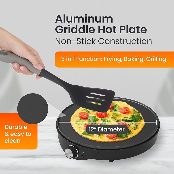 Morning Star 12-Inch Electric Crepe Maker with Nonstick Cooktop | Portable Griddle | Adjustable Temperature Control | Includes Wooden Spatula, Batter Spreader, 2 Recipe Booklets