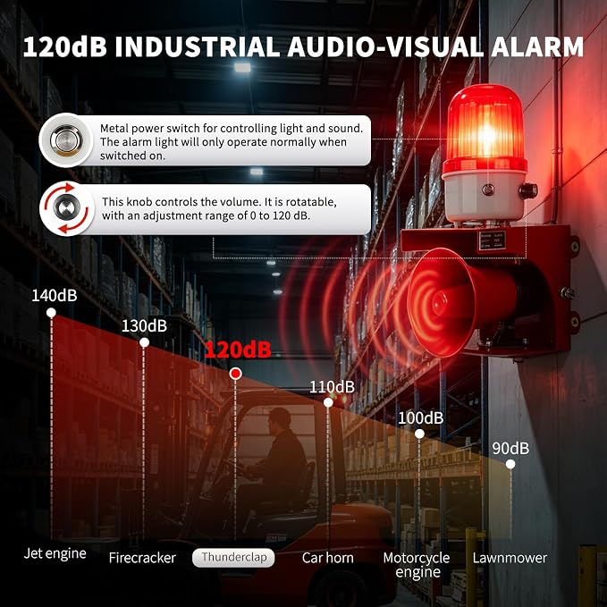 AC110V Industrial Siren Alarm Strobe Light-120dB Loud Horn&Waterproof Red Beacon Warning Light for Emergency,Factory,Fires,Tornado,Intruder Deterrent (AC110V Red Light (Switch,0-120dB))