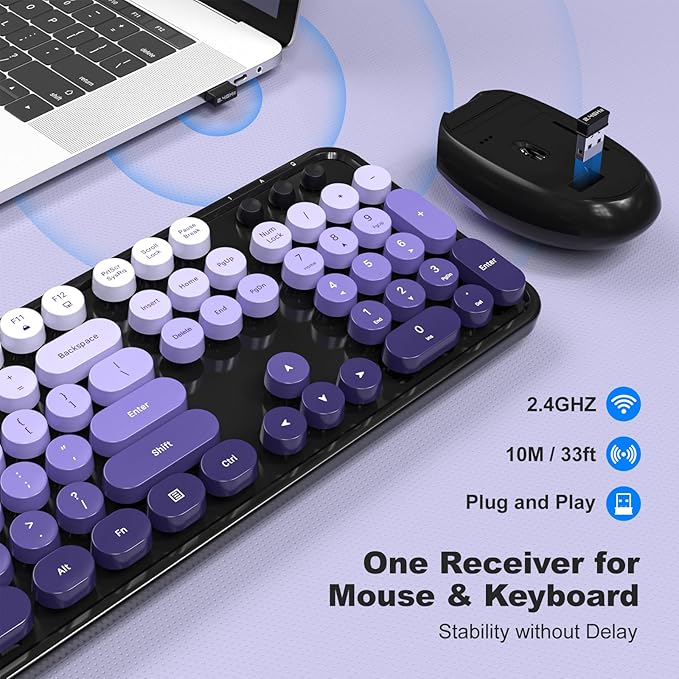 Wireless Keyboards and Mouse Combos, SQMD Colorful Typewriter Keyboard with Round Keycaps, 2.4GHz USB Retro Wireless Keyboard Mouse for PC, Desktop, Laptop and Computer-Purple