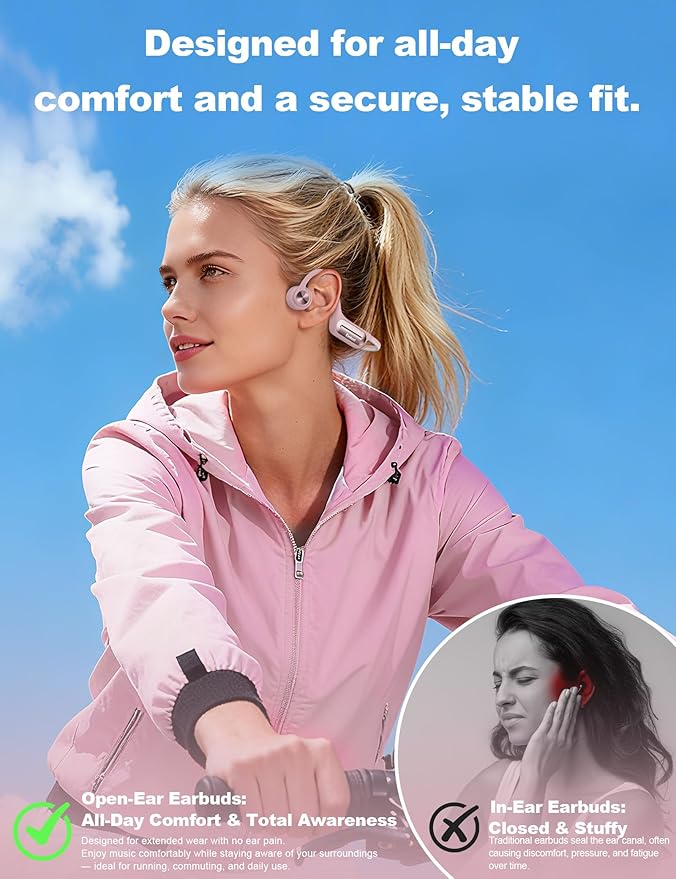Bone Conduction Headphones, Open Ear Headphones with MP3 Mode 32GB, 10Hrs Playtime IP68 Waterproof Swimming Headphones Secure Fit for Running, Cycling, Work, Gift（Pink）