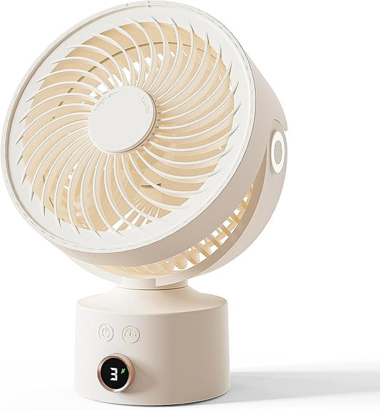 CARONSORT Desk Small Oscillating Fan for Bedroom, 9 Inch Table Fans Quiet,Desk Air Circulator Fan with 3 Speeds, 4H Time, Rechargeable Fan for Office/Dorm/Room-Beige