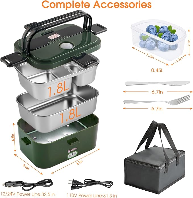 Kabbas 1.8L Portable Electric Lunch Box for Adults, 100W Heated Lunch Box for Men with Removable Dual Container, Fast Heating Food Warmer, 12V/24V/110V for Car Truck Office lonchera eléctrica portátil