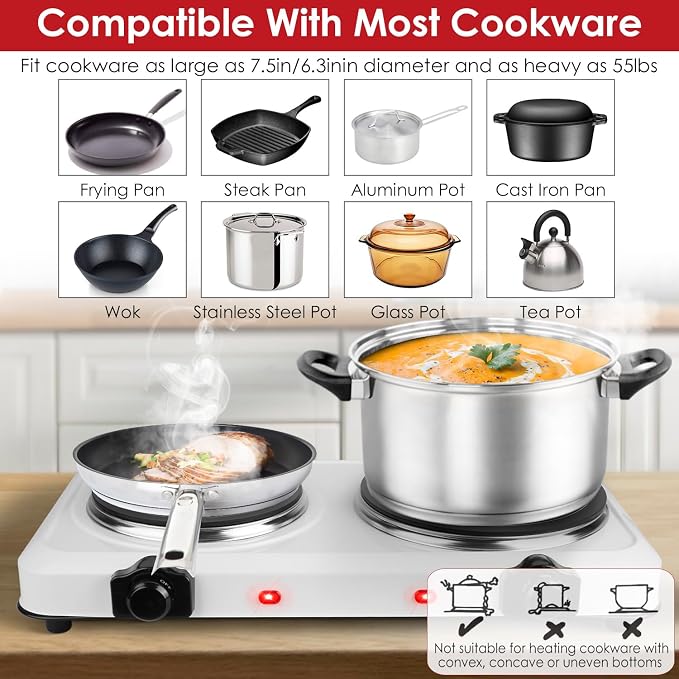 KOCASO 1800W Dual Infrared Burner Hot Plate, 7.5" & 6.3" Glass Cooktop, Stepless Temp Control 302°F-1022°F, Portable Electric Stove for Home, RV, Camping, Dorms