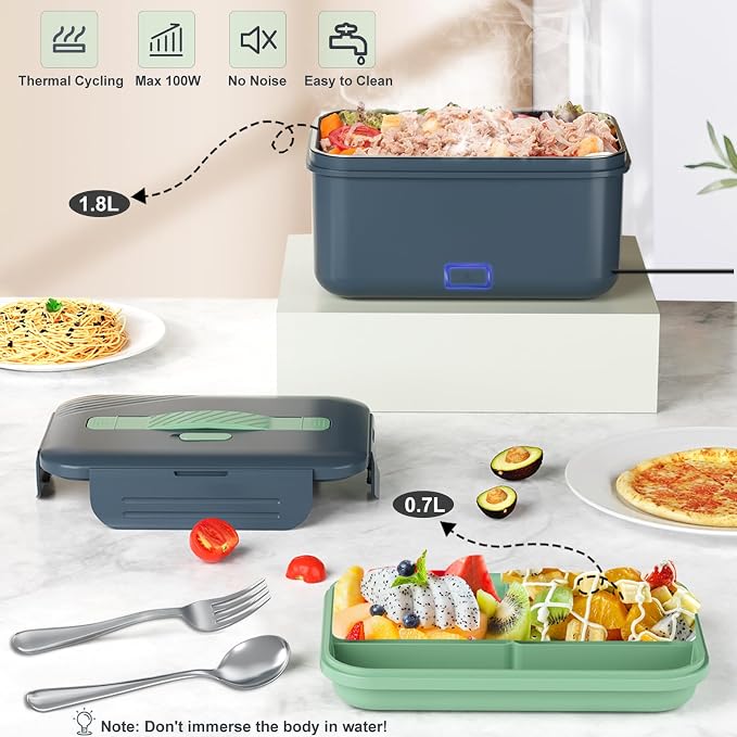 Vingud Electric Lunch Box 100W, 4 in 1 Heated Lunch Box for Adults, Heating Lunch Box for Work/Car/Truck with Fork Spoon and 1.8L Stainless Steel Container, 12V 24V 110V 220V, Dark Gray