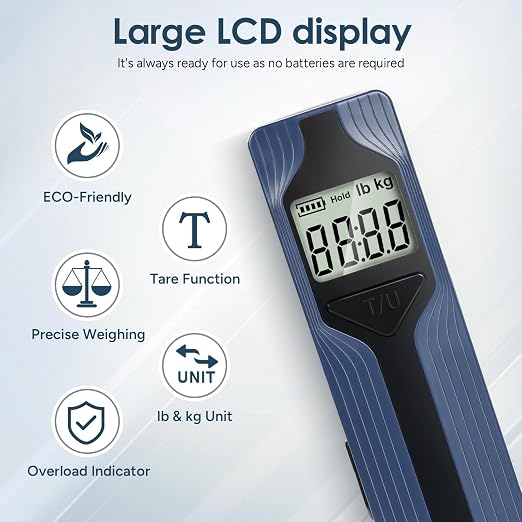 Battery-Free Luggage Scale – No Batteries Needed, Portable Digital Hanging Suitcase Weight Scale for Air Travel & Checked Bags, 110lb/50kg, LCD Display, Compact Travel Accessory
