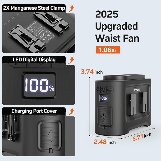 14500mAh Portable Waist Fan Clip On Belt- Rechargeable Battery Operated,Max 40H Cooling,5 Speed 14600RPM,Dual Air Vent, Hands-free Shirt Neck Fan With Light for Outdoor Jobsite Camping Traveling