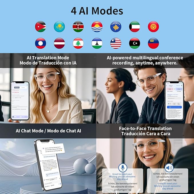 AI Smart Glasses, Bluetooth Translation Glasses for Men Women, Smart Audio Sunglasses with Real Time Translation(160+Languages), Photochromic Lenses, Music Blue Light Glasses for Travel Business-C